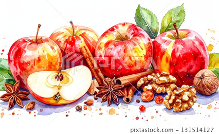 秋天的味道:蘋果、肉桂和核桃的水彩插圖 秋天的味道:蘋果、肉桂和核桃的水彩插圖 131514127
