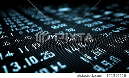 Stock market display showing financial data, global economy trends, investment opportunities, and business statistics on an abstract digital screen 131514316