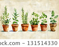 Hand-drawn style: watercolor paintings of herbs such as mint and rosemary 131514330