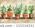 Hand-drawn style: watercolor paintings of herbs such as mint and rosemary 131514331