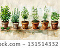 Hand-drawn style: watercolor paintings of herbs such as mint and rosemary 131514332