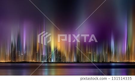 Luminous urban landscape showcasing blurred light trails reflecting on nighttime water, embodying technological progression and metropolitan energy through vibrant colors 131514335