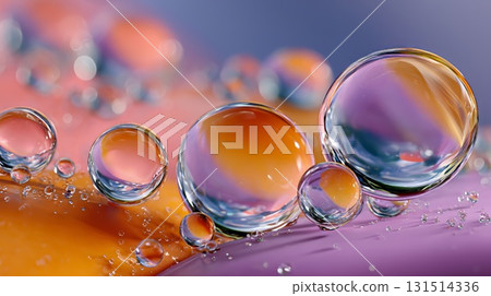 Colorful soap bubbles clustering on iridescent surface, reflecting light with vibrant geometric patterns and shimmering translucent details 131514336