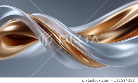 Silver and gold fabrics flowing, waving elegantly, creating dynamic composition with smooth, shiny textures revealing luxurious movement and rich color contrasts 131514338