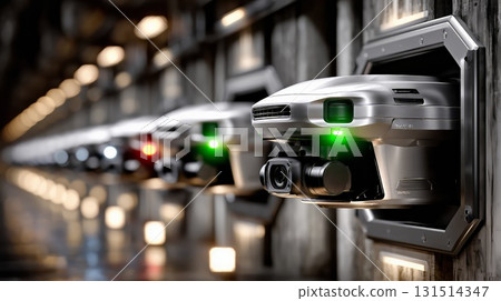 Drones resting in charging station, green lights glowing, warehouse interior revealing technological preparation for upcoming logistics operations Drones resting in charging station, green lights glowing, warehouse interior revealing technological preparation for upcoming logistics operations 131514347