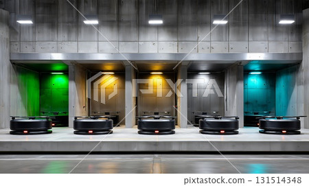 Automated guided vehicles recharging at bright docking stations, glowing with vibrant lighting inside sleek logistics warehouse environment, representing cutting edge robotic technology Automated guided vehicles recharging at bright docking stations, glowing with vibrant lighting inside sleek logistics warehouse environment, representing cutting edge robotic technology 131514348