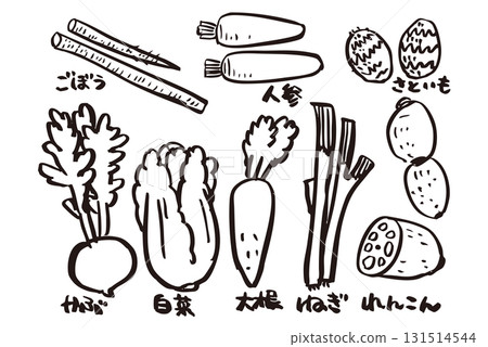「蕪菁」、「高麗菜」、「白蘿蔔」、「蔥」、「蓮藕」、「芋頭」、「紅蘿蔔」、「牛蒡」的插圖 131514544