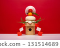 A photo of a real rice cake, "Kagamimochi," in the center, on a red background with a sanpo (pedestal) 131514689