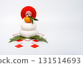 A photo of the "Kagami mochi" placed on the left, white background, no sanpo (pedestal) 131514693