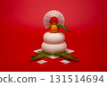 A photo of a Kagami mochi (rice cake) placed in the center, red background, no sanpo (base) 131514694