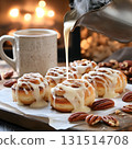 Winter tea time with freshly baked cinnamon rolls and coffee 131514708