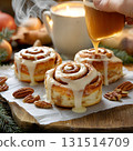 Winter tea time with freshly baked cinnamon rolls and coffee 131514709