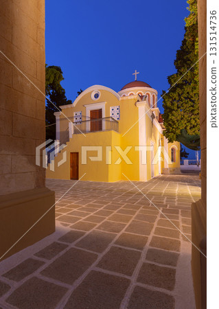 Orthodox church at dusk in Symi, Greece 131514736