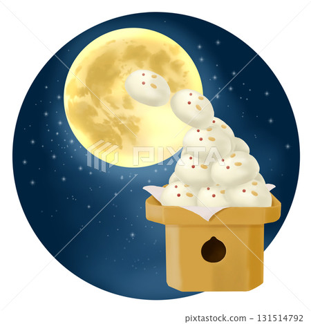 Moon viewing illustration of a full moon and offerings of rabbit dumplings Moon viewing illustration of a full moon and offerings of rabbit dumplings 131514792