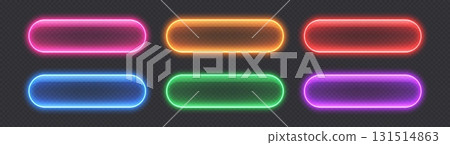 Glass neon buttons, glossy transparent banners. 131514863