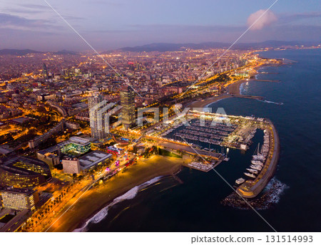 Aerial view from drones of coast in Barcelona and city center Aerial view from drones of coast in Barcelona and city center 131514993