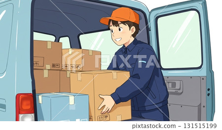 城市背景。穿著制服的送貨員和一輛輕型貨車的簡單平面設計 131515199