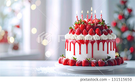 聖誕草莓滴蛋糕，點燃蠟燭 131515650