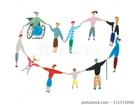 Hand-drawn illustration: A woman in a wheelchair, a man with a cane, and other people holding hands in a heart circle Hand-drawn illustration: A woman in a wheelchair, a man with a cane, and other people holding hands in a heart circle 131515698