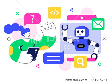 Artificial Intelligence Chatbot Service Illustration Featuring an AI and Intelligent Assistant Robot for Communication Technology and Support Concept 131515751