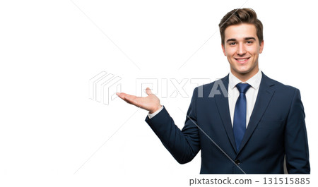 一位身穿西裝的年輕男子麵帶微笑，將一隻手舉到一邊，擺出姿勢解釋白色背景上的一款產品 131515885