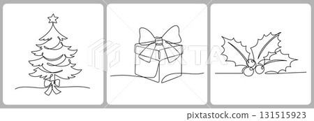 Continuous line drawing christmas tree, gift box, holly berry leaves. Concept of Christmas. Holiday, New year. Vector design illustration on white background. 131515923