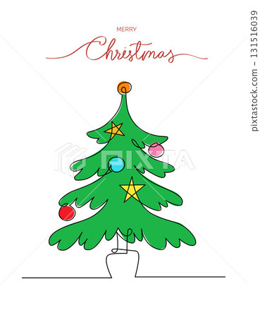Continuous line drawing and color christmas tree and fireball, star, Concept of Christmas. Holiday, New year. Vector design illustration on white background. Continuous line drawing and color christmas tree and fireball, star, Concept of Christmas. Holiday, New year. Vector design illustration on white background. 131516039
