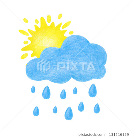 A bright yellow sun peeks out from behind a rainy cloud. The drawing with colored pencils is isolated on a white background. A child's drawing. Weather. 131516129
