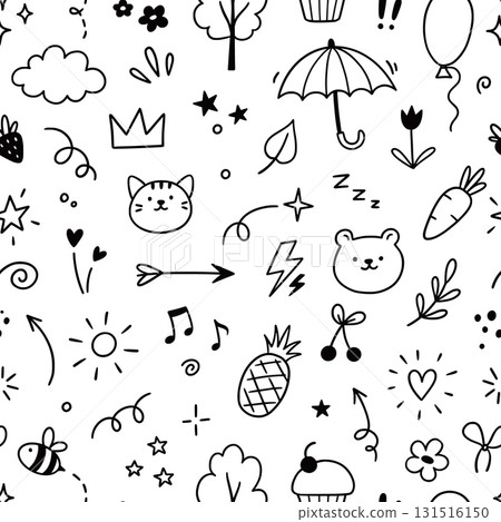 Icon cute line pattern. Seamless background with cartoon children, baby animals, stars, flowers and hearts elements. Hand drawn sketch style children seamless pattern. Vector Icon cute line pattern. Seamless background with cartoon children, baby animals, stars, flowers and hearts elements. Hand drawn sketch style children seamless pattern. Vector 131516150