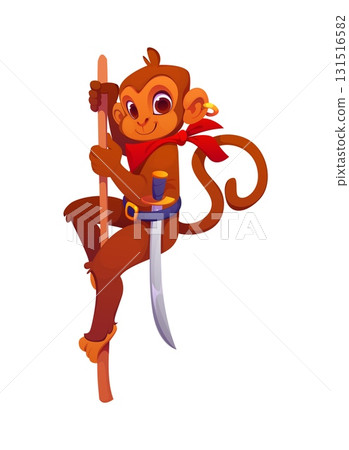 Cartoon monkey pirate animal climbing wooden stick Cartoon monkey pirate animal climbing wooden stick 131516582