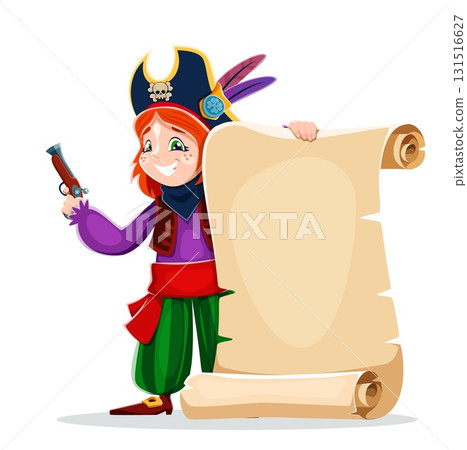 Cartoon kid girl pirate with scroll parchment map Cartoon kid girl pirate with scroll parchment map 131516627