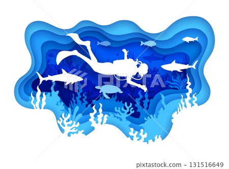 Diver silhouette at paper cut underwater landscape Diver silhouette at paper cut underwater landscape 131516649