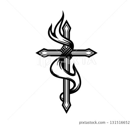 Christianity cross tattoo symbol with fire flame 131516652