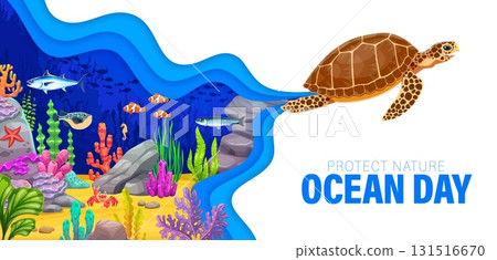 Save ocean paper cut poster with underwater turtle 131516670