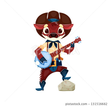 Cartoon Wild West cow animal cowboy with banjo Cartoon Wild West cow animal cowboy with banjo 131516682