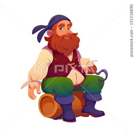 Cartoon pirate corsair character sits on barrel 131516690