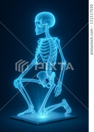 Futuristic holographic projection of a full human skeleton glowing above a digital tablet 131517030