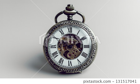 A close-up of an antique pocket watch with a visible mechanical movement, showcasing intricate gears and craftsmanship. Perfect for themes of time, history, and engineering 131517041