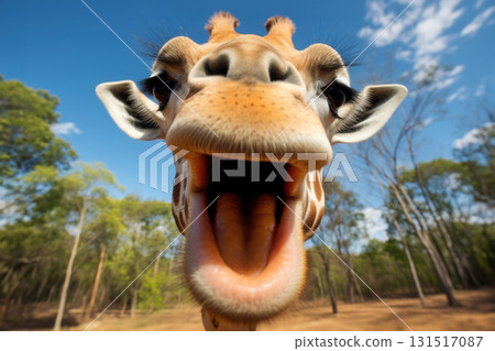 Giraffe's Playful Portrait: An up-close and personal shot of a giraffe, capturing its playful and curious nature 131517087