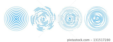 Blue radial concentric circle set. Halftone, dashed and dotted rings for epicenter, target, radar, earthquake, tsunami symbol. Sound wave signal collection. Vector ripple expansive vibration elements 131517280