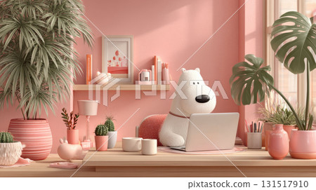 Remote working. Cozy 3D illustration of dog at desk with laptop surrounded by plants and pink decor 131517910