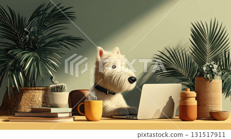 Remote working. Cute dog sits at desk with laptop, surrounded by plants and books, creating cozy and friendly remote working vibe 131517911