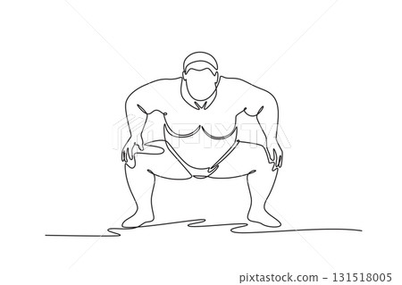 Single one line drawing large Sumo wrestler in low, deep crouch, hands on his knees, in the shikiri stance before final charge of match. Modern continuous line draw design graphic vector illustration Single one line drawing large Sumo wrestler in low, deep crouch, hands on his knees, in the shikiri stance before final charge of match. Modern continuous line draw design graphic vector illustration 131518005