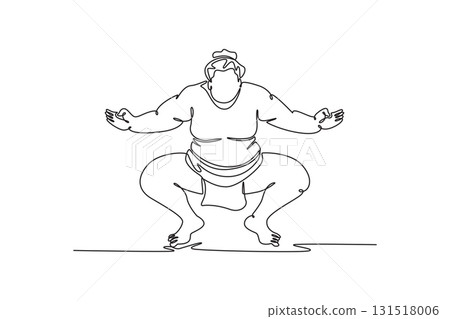 Single one line drawing muscular Sumo wrestler in traditional, deep ceremonial squat (Shiko), with arms outstretched, powerful grounded stance. Continuous line draw design graphic vector illustration Single one line drawing muscular Sumo wrestler in traditional, deep ceremonial squat (Shiko), with arms outstretched, powerful grounded stance. Continuous line draw design graphic vector illustration 131518006