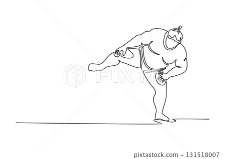 Single one line drawing large Sumo wrestler balancing on one leg with the other raised high in ritualistic Shiko movement, unexpected balance. Continuous line draw design graphic vector illustration 131518007