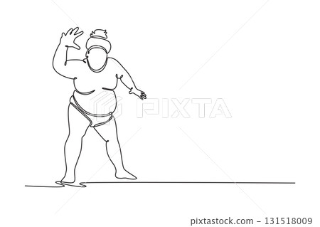 Single one line drawing muscular Sumo wrestler in wide stance is shown with raised, open hands, performing ceremonial move. Traditional sport. Continuous line draw design graphic vector illustration Single one line drawing muscular Sumo wrestler in wide stance is shown with raised, open hands, performing ceremonial move. Traditional sport. Continuous line draw design graphic vector illustration 131518009