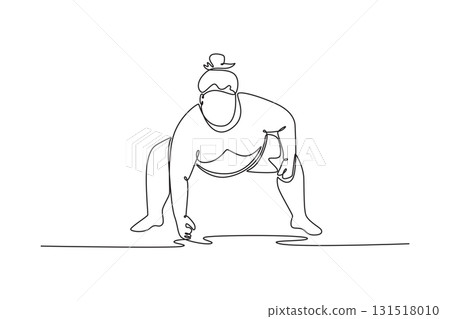 Single one line drawing large Sumo wrestler in low, crouched starting position, hand touching the ground, intense focus just before the charge. Continuous line draw design graphic vector illustration Single one line drawing large Sumo wrestler in low, crouched starting position, hand touching the ground, intense focus just before the charge. Continuous line draw design graphic vector illustration 131518010