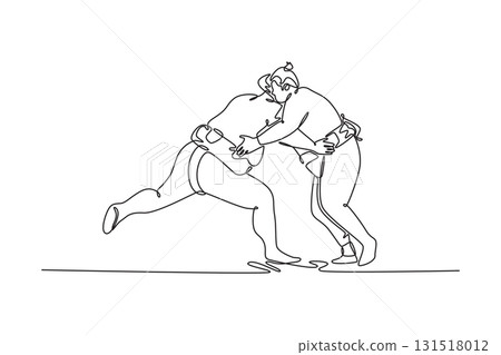 Continuous one line drawing two massive Sumo wrestlers locked in a low, deep grapple, fiercely pushing against each other for leverage in the ring. Single line draw design vector graphic illustration Continuous one line drawing two massive Sumo wrestlers locked in a low, deep grapple, fiercely pushing against each other for leverage in the ring. Single line draw design vector graphic illustration 131518012