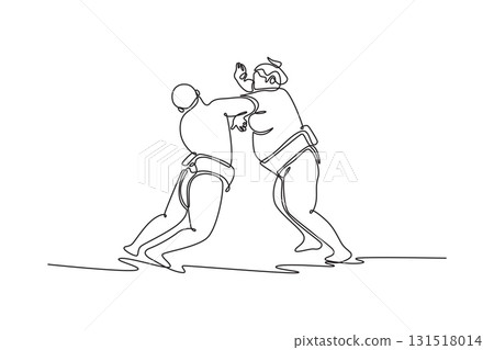 Continuous one line drawing two massive Sumo wrestlers locked in struggle, with one delivering a forceful, open-hand strike to the opponent's head. Single line draw design vector graphic illustration 131518014
