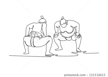 Continuous one line drawing two massive Sumo wrestlers facing each other in low, ritualistic shikiri squat, focus, anticipation before match begins. Single line draw design vector graphic illustration 131518015